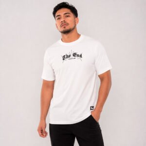 camiseta-the-end-hombre-vista-frontal Vista frontal de camiseta blanca The End para hombre